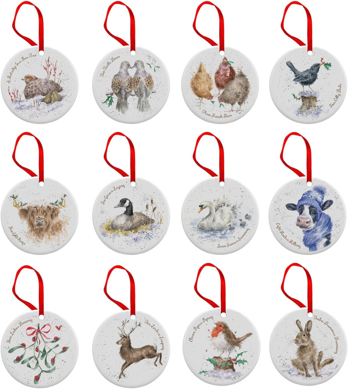 Wrendale 12 Days of Christmas Decorations, Bone China Multi Colored, 0.5 x 7 x 7 cm