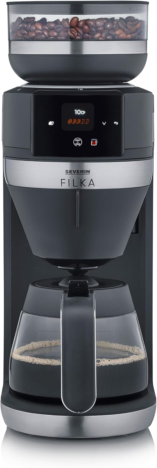 SEVERIN Filka 9694 Fully Automatic Coffee Machine for Filter Coffee, 5-in-1 Filter Coffee Machine with LED Display, Grinder, with Glass Jug, Matte Black/Stainless Steel