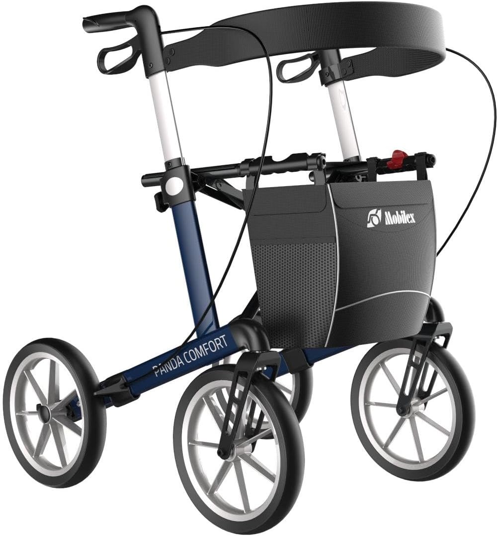 FabaCare Outdoor Rollator with Full Equipment and Parking Brake, Lightweight Panda Comfort Rollator with Soft Wheels, Indoor Walker, Foldable, Removable Bag, Back Strap, Stick Holder, Blue