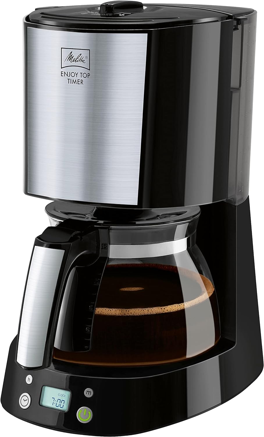 Melitta 1017-11 Enjoy Top Timer Filter Coffee Machine with Glass Pot, Timer Function and Patented Aroma Selector, Automatic End Shut-Off, Stainless Steel, 1.2 Litres, Black