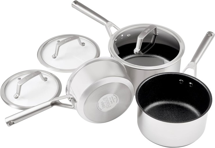 Ninja Foodi ZEROSTICK C63000EU Stainless Steel 3-Piece Pan Set with Heat-Tempered Glass Lids, 16 cm, 18 cm, 20 cm, Non-Stick Coating, Suitable for Induction Cookers, Oven and Dishwasher Safe
