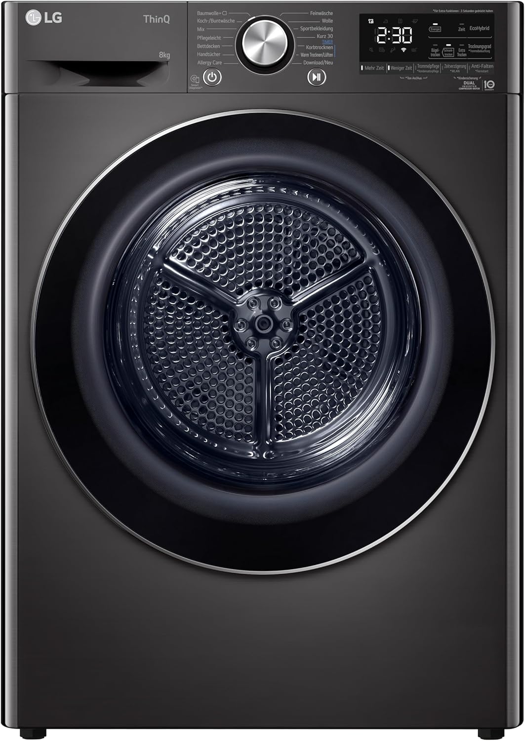 LG RT80V9B, Class A+++, Tumble Dryer 8 kg, Heat Pump Dryer with Short Programme, Dry Sensor, Stainless Steel Drum Material, 60 x 69 x 85 cm, Black