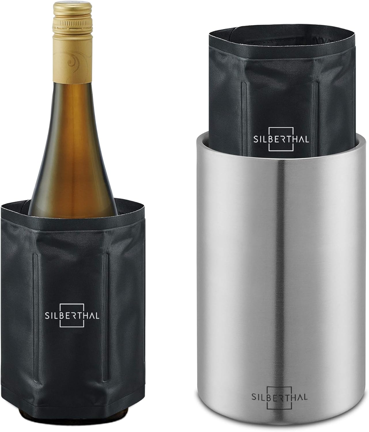 SILBERTHAL Wine Cooler Stainless Steel Double-Walled - Active Cooling with Cooling Cuffs - Ideal for White Wine and Rose