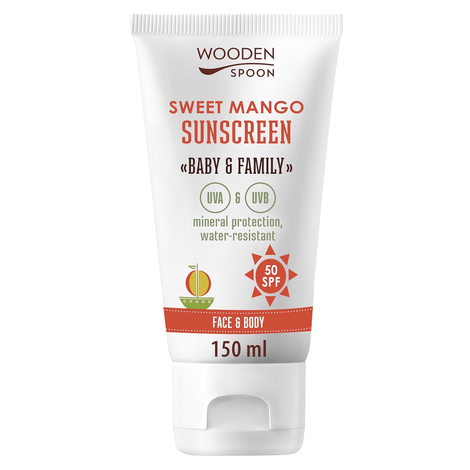 WOODEN SPOON Organic Sun Cream \"Baby & Family\" SPF 50 UVA and UVB Protection - Sweet Mango 150 ml