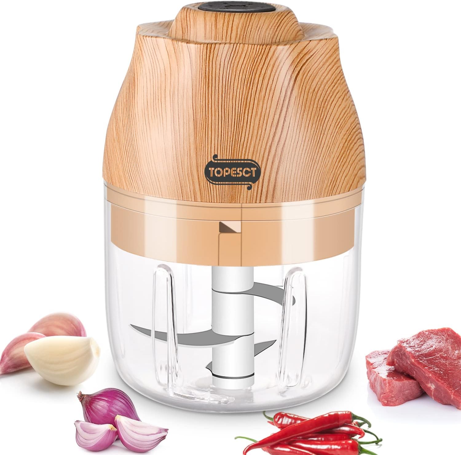 TOPESCT Mini Electric Chopper, 250 ml Food Processor, Mixer, USB Charging, Garlic Chopper, Vegetable Chopper with 3 Sharp Blades, Mill for Baby Food, Garlic, Vegetables, Fruit and Meat