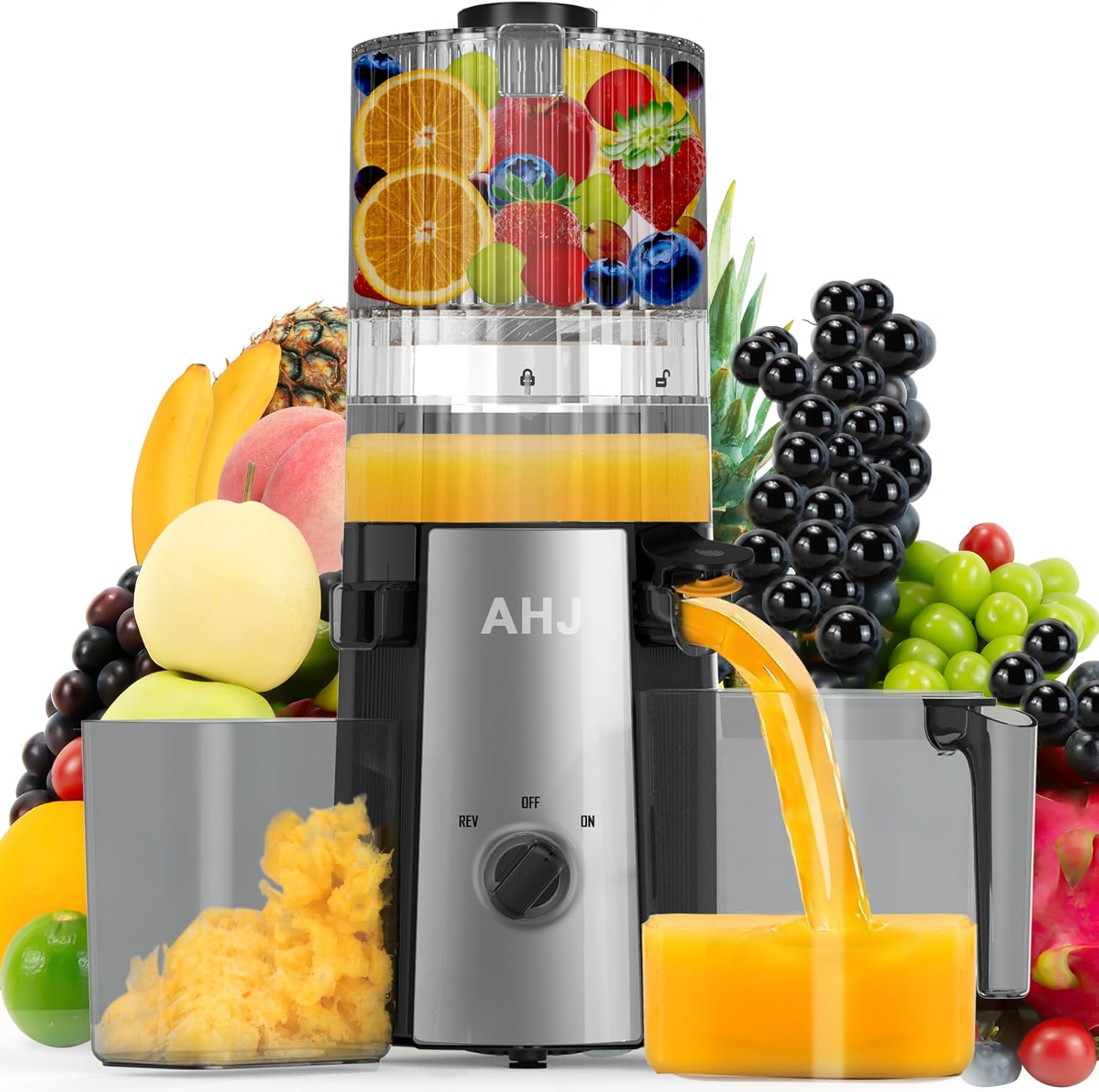 Juicer Slow Juicer, Juicer Vegetables and Fruit, 100% BPA-Free, 135 mm Width and Larger Feeding Tube, Easy to Clean Slow Juicer with 2 Glasses, Perfect Juicer for Wedding and Birthday
