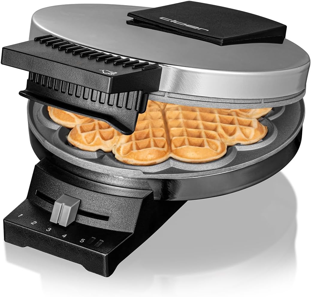 Cloer 185 waffle maker for cake-like waffles / 930 W / waffle size 16 cm / heavy baking plates / visual and acoustic ready message / stainless steel housing, stainless steel, black, silver
