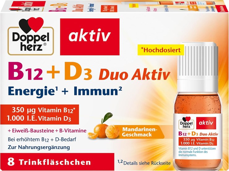 Doppelherz B12 + D3 Duo Active - With Vitamin B12 and D3 to Support Normal Function of the Immune System - 8 Drinking Bottles, 91.1 g