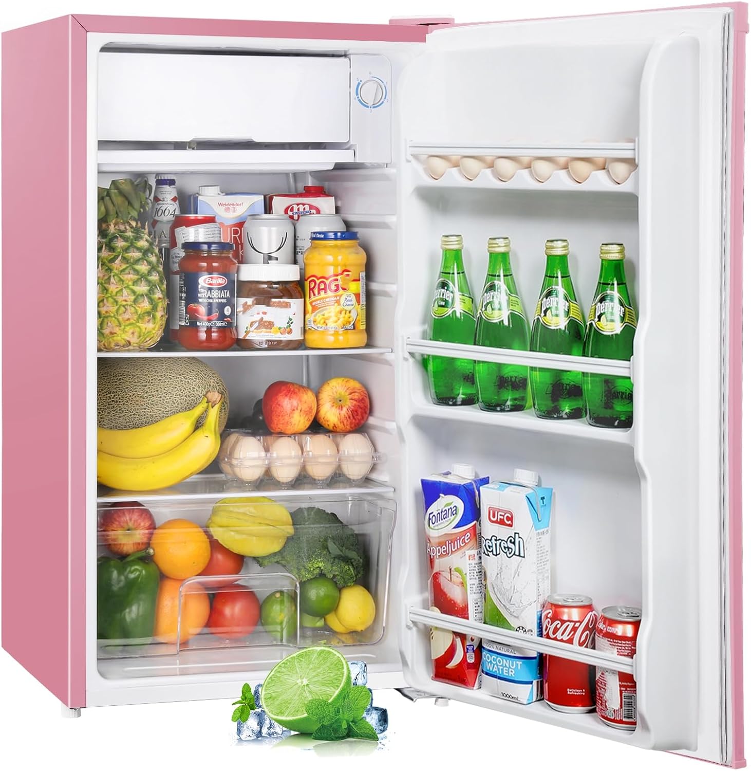 Upstreman 91L Fridge with Freezer (Fridge Compartment), Small Fridge with Vegetable Compartment and Egg Holder, Mini Fridge for Dorm, Office, Bedroom, Pink-BR321
