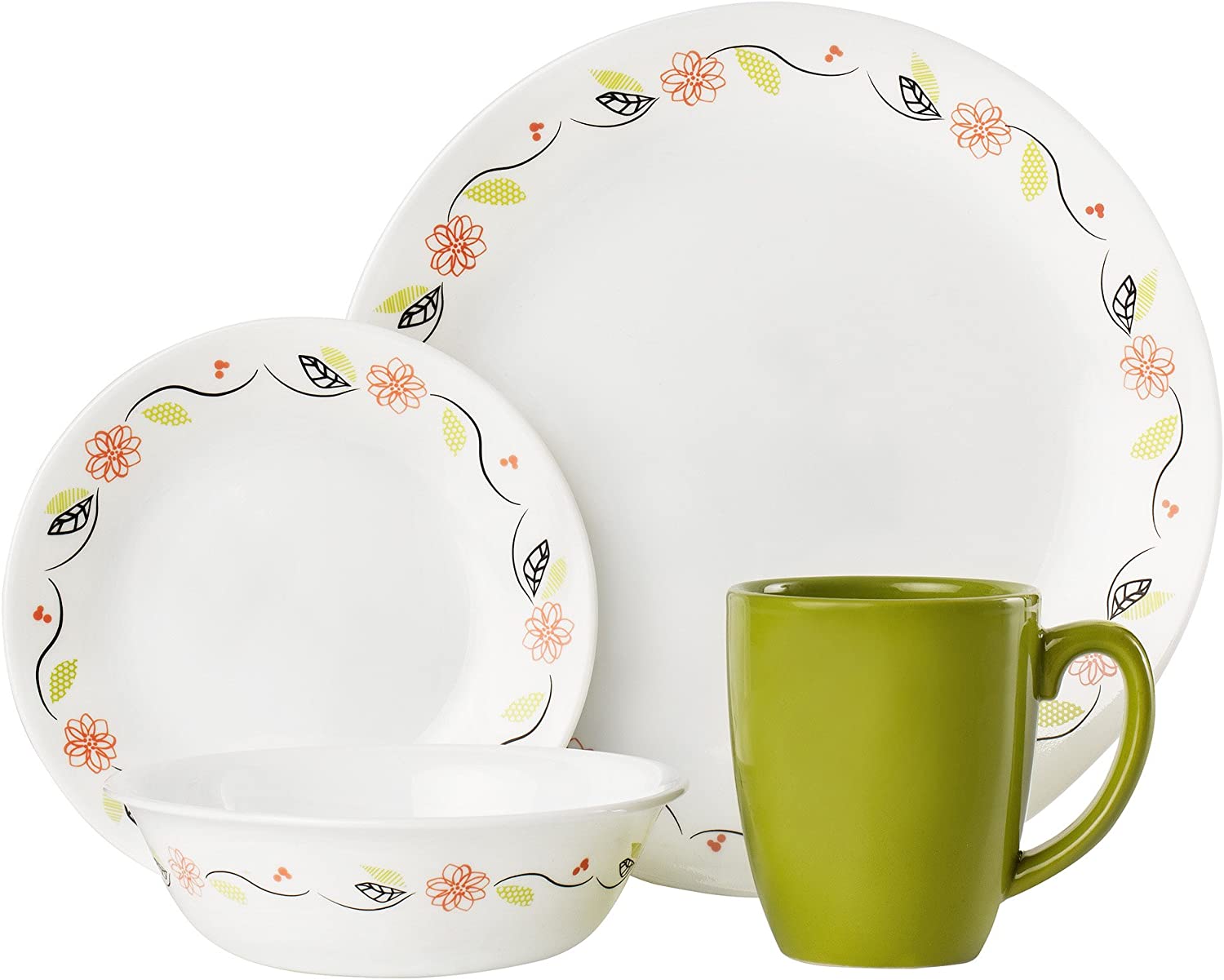 Corelle Tangerine Garden Chip and Break Resistant Dinner Set, Glass, Peach/Green/Grey, 16)