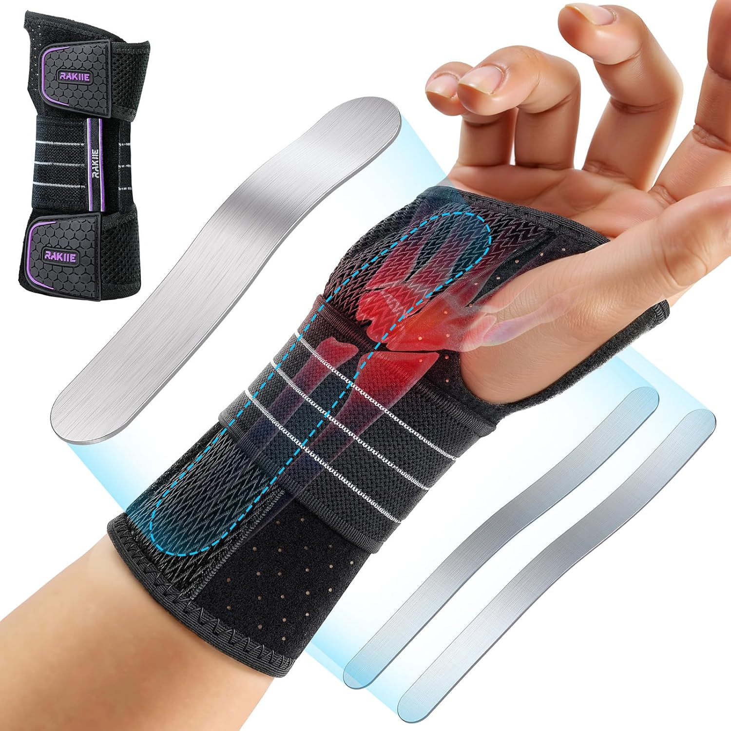 Rakiie Wrist Support, Adjustable Night Wrist Support with 3 Metal Splints, Hand Splint for Men and Women, No Pressure on Thumb, Splint Stabilizer, Purple, Right Hand, L