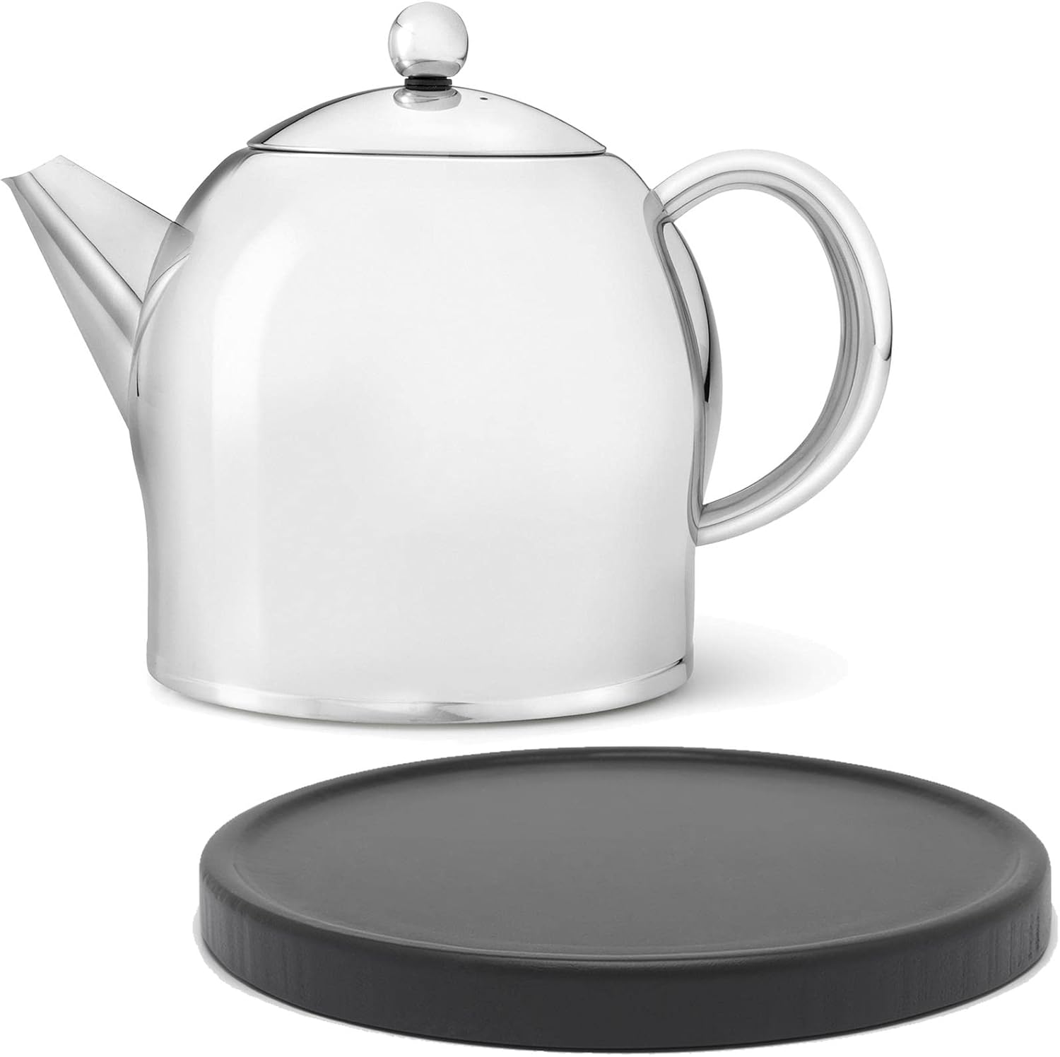 Large shiny double-walled stainless steel teapot 1.4 litres and black wooden saucer