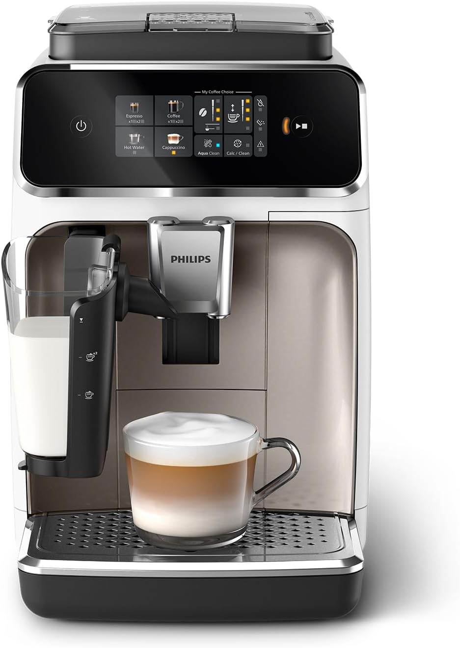 Philips Fully Automatic Espresso machine 2300 series LatteGo, 4 drinks in One Touch, LatteGo system, SilentBrew, White and Chrome, EP2333/40.
