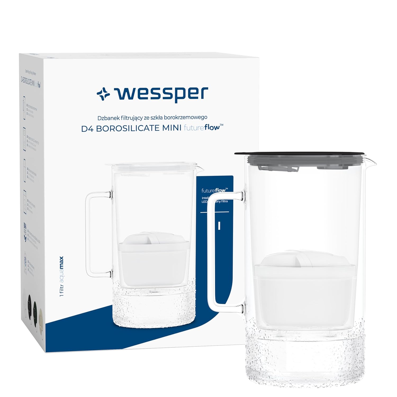 Wessper Glass Water Filter Jug 2 L, BPA-Free Water Carafe with Intelligent Filter Counter Includes 1 x Water Filter Cartridge with Activated Carbon to Reduce Limescale, Chlorine and Heavy Metals
