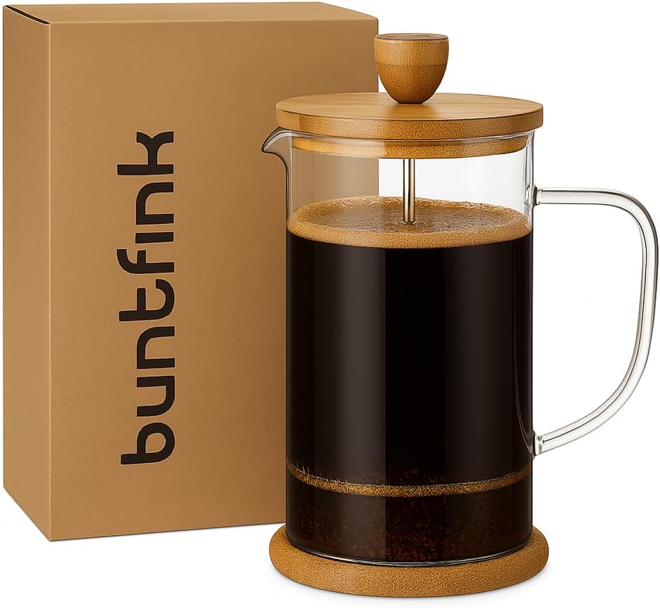 \'Colourful Finch \"Fren Chpress Tea and Coffee Maker with Bold Press 1 Litre System, Stainless Steel, Bamboo and Borosilicate Glass Tea/Coffee, with Spoons and 2 Extra Filters Size: 1L