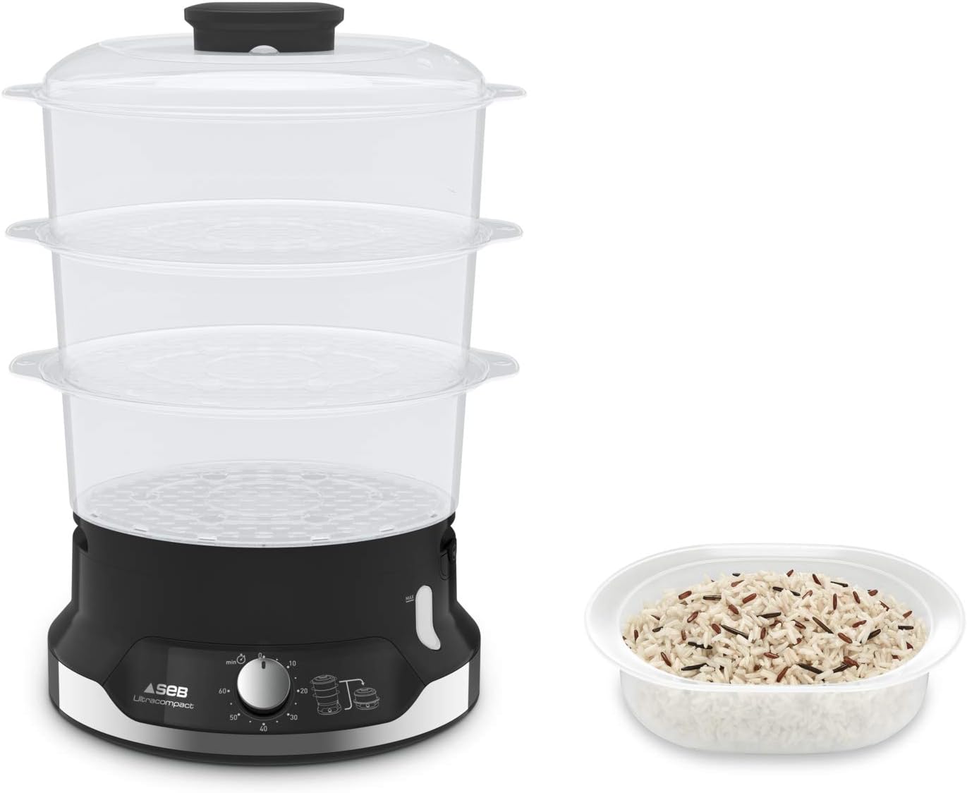 Tefal Ultracompact VC2048 Steamer, Stackable Storage System, Healthy Cooking, 3 Attachments, 60 Minute Timer, Refill When Cooking, 9L Capacity, Includes Rice Insert, 800 W