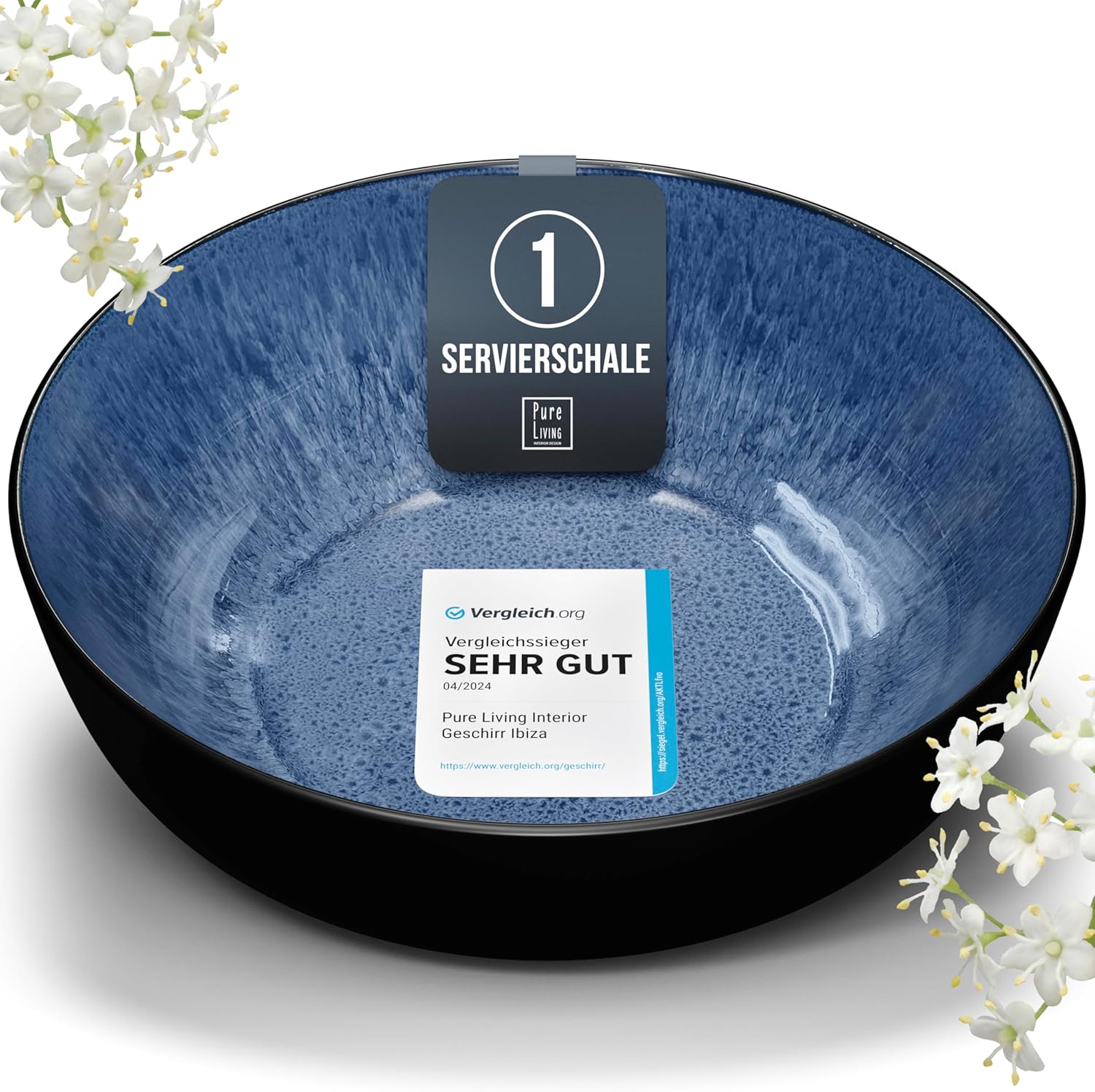 Pure Living Ibiza Stoneware Serving Bowl, Test Winner, Dreamy Mediterranean Salad Bowl, Large Salad Bowl in Deep Blue