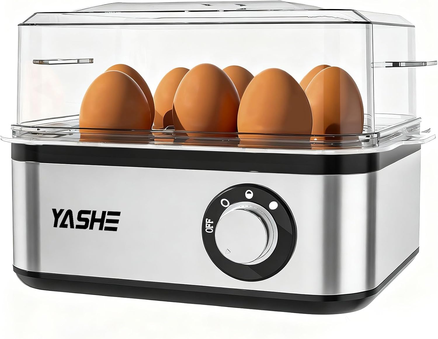 YASHE Egg Cooker, Stainless Steel Electric Egg Cooker for 8 Eggs for Soft, Medium and Hard Boiled Eggs, Egg Cup with Buzzer, Includes Omelet Tray and Measuring Cup, BPA Free