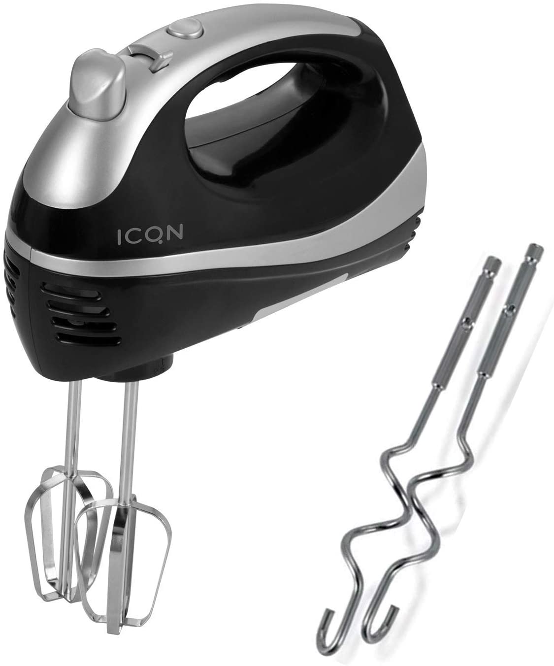 ICQN Hand Stirrer, High Motor Power, 700 Watt, 5 Speed Levels with Turbo Function, 2 Whisks and 2 Dough Hooks, Stainless Steel, Electric Hand Mixer Set, Hand Mixer, Black/Grey