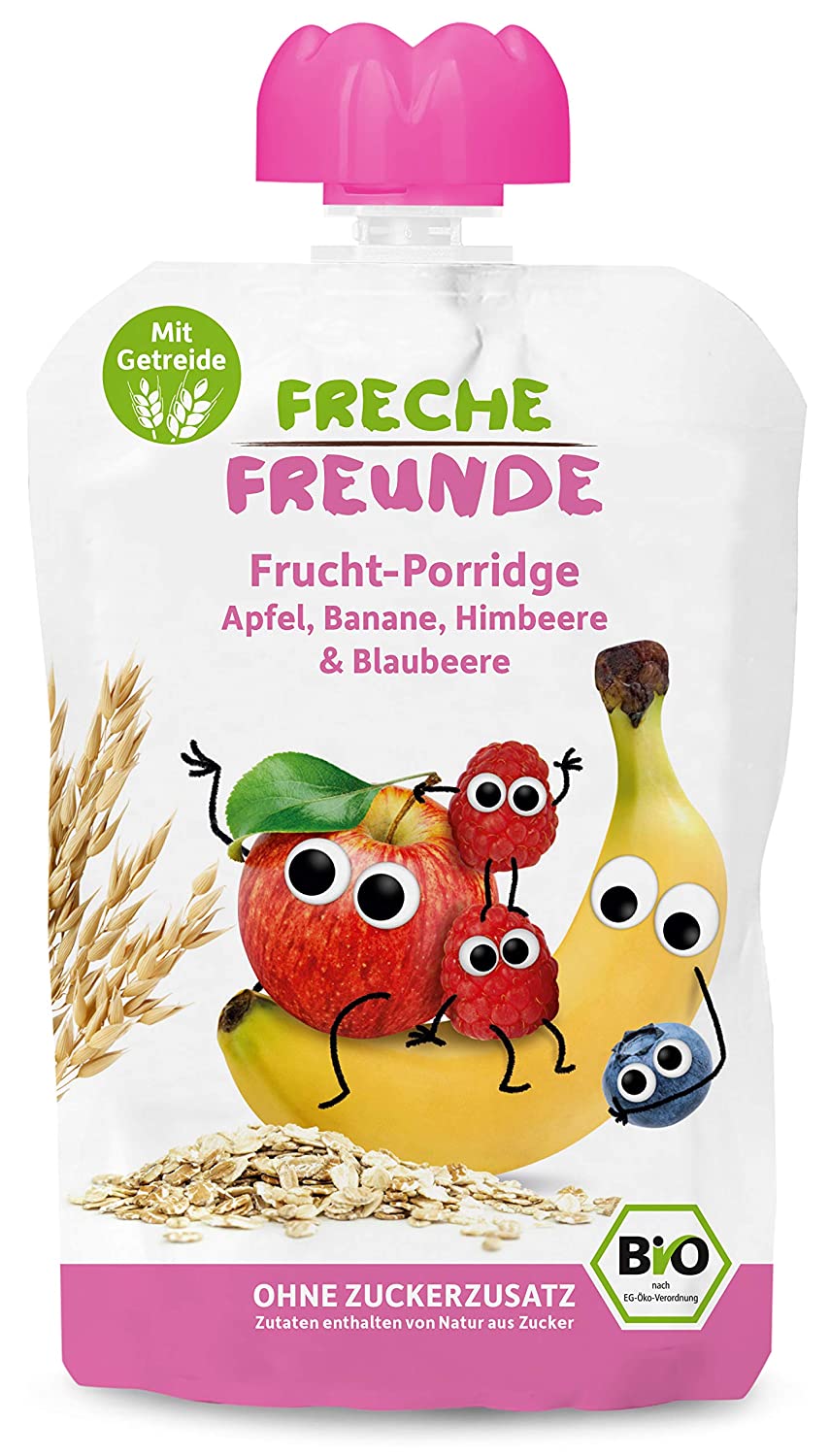 FRECHE FREUNDE Bio Quetschie Frucht-Porridge Apfel, Banane, Himbeere & Blaubeere, Fruchtmus mit Hafer & Reis im Quetschbeutel für Kinder & Babys ab 6 Monaten, 600 g 521823