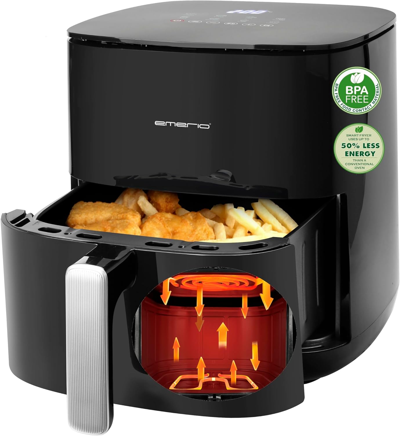 EMERIO AF-131797.1 Hot Air Fryer with 5L XL Volume | Suitable for up to 4 people | New Technology: Two Stainless Steel Heating Elements (Top and Bottom) | 8 Automatic Programs | 2000W | AF-131797.1