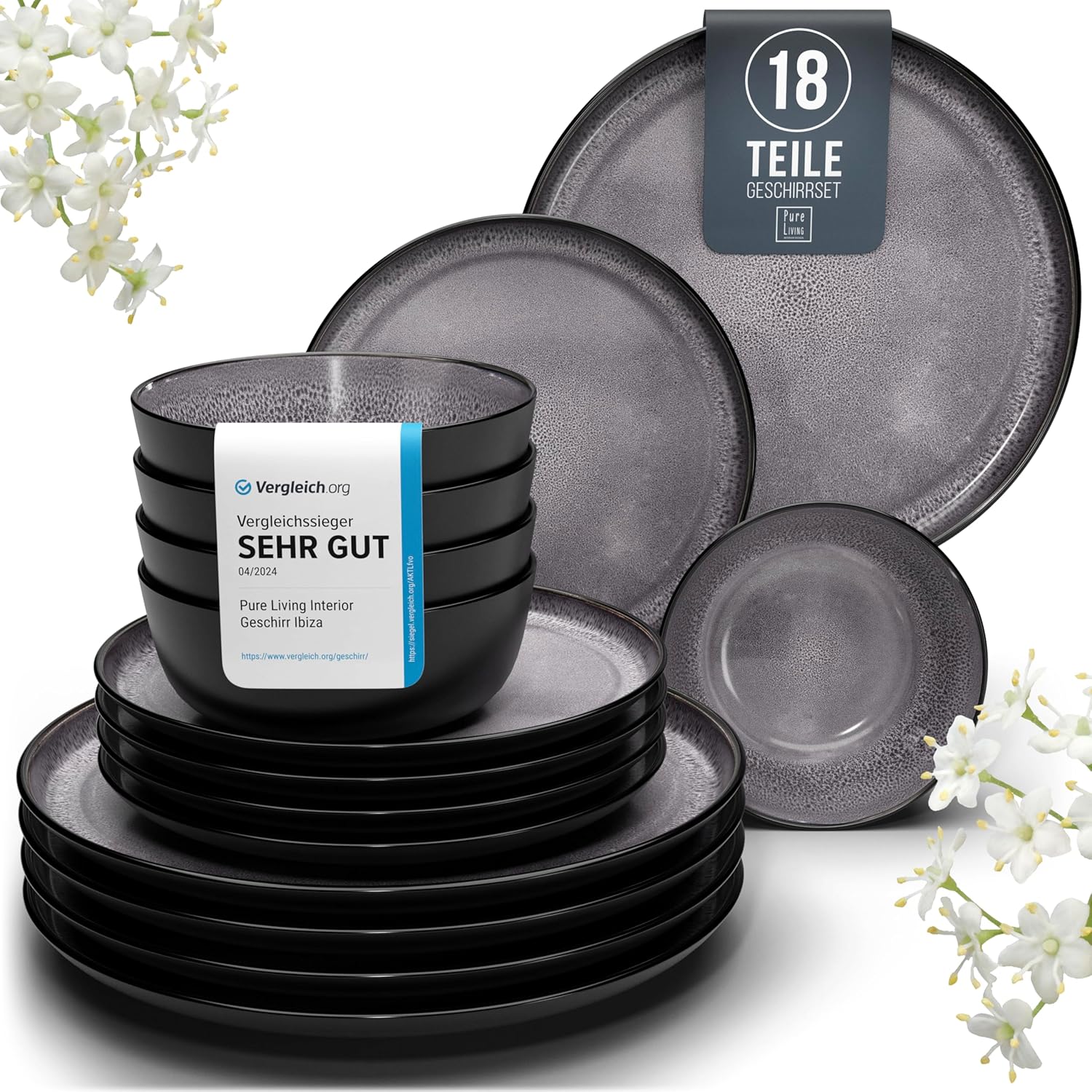 Pure Living Ibiza Stoneware Crockery Set for 6 People, 18-Piece Mediterranean Crockery Set, ‘Very Good’ in Test, Bowl and Plate Set, Dinner Service for 6 People, Grey
