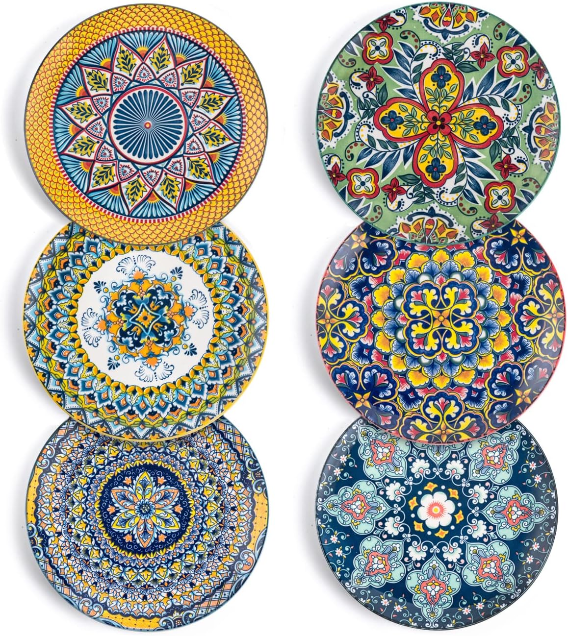 HENXFEN LEAD Porcelain Salad Plate, 21 cm, Colourful Breakfast Plate, Ceramic Dessert Plate, 6-Piece Small Round Plate Set with Pattern and Colourful - Bohemian Style