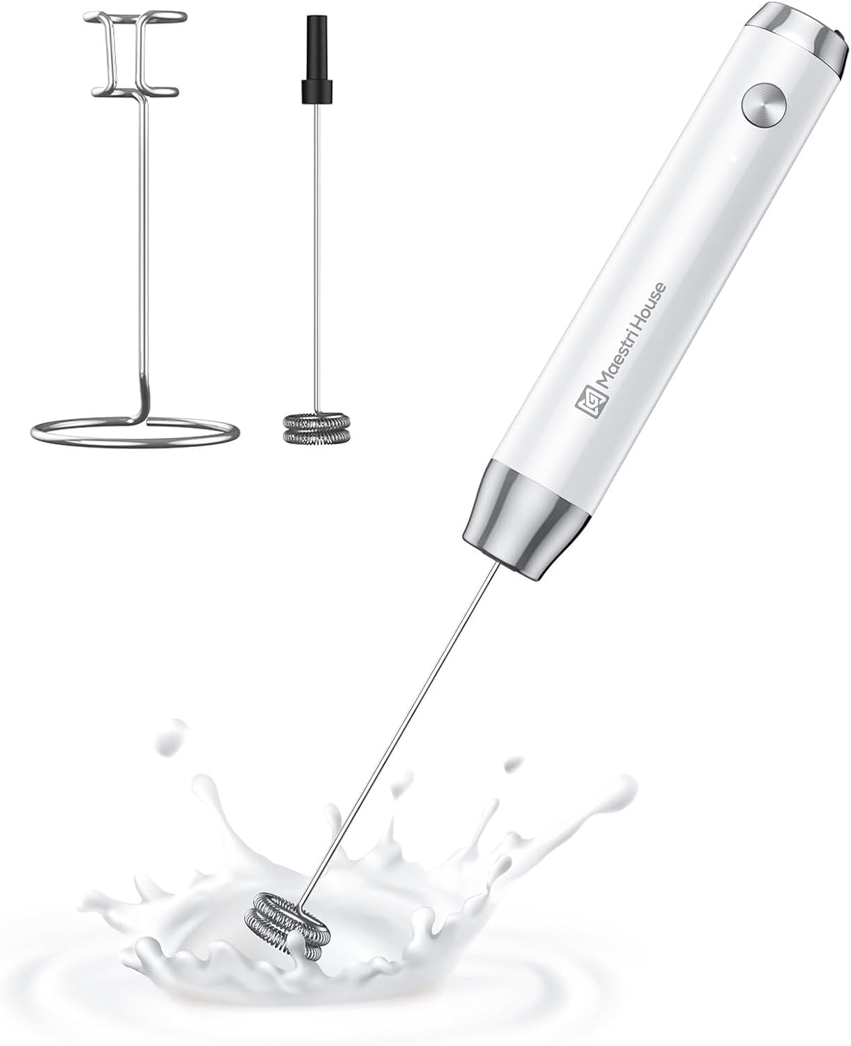 Maestri House LunaFro Rechargeable Milk Frother, Portable Electric Foam Maker, Waterproof, Removable Stainless Steel Whisk, Drink Mixer, Stand, 2 Whisks
