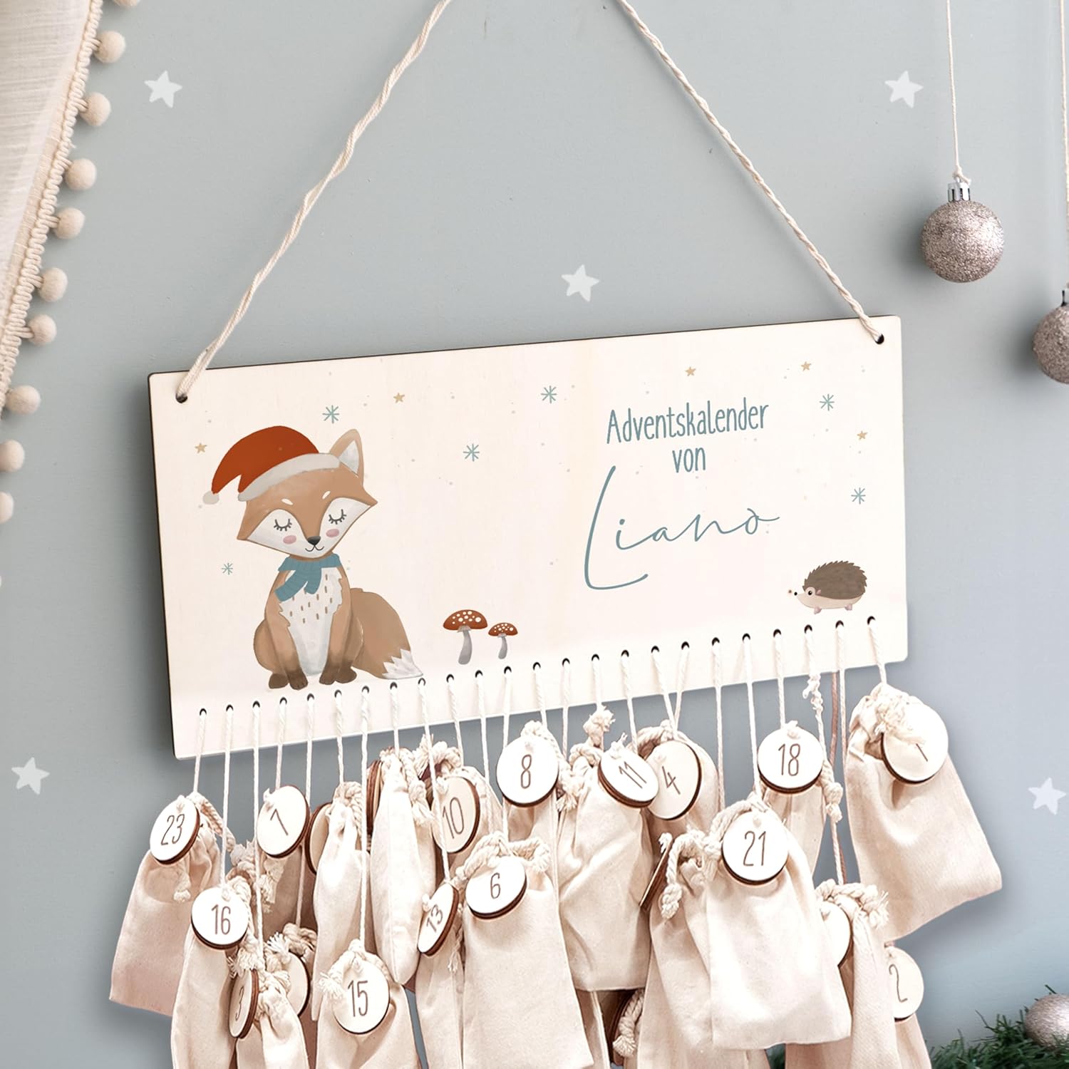 Advent Calendar Personalized for Children | Wooden Advent Calendar for Filling | Wall Mounted Christmas Calendar DIY with Name | Hellomini (Fox Print)