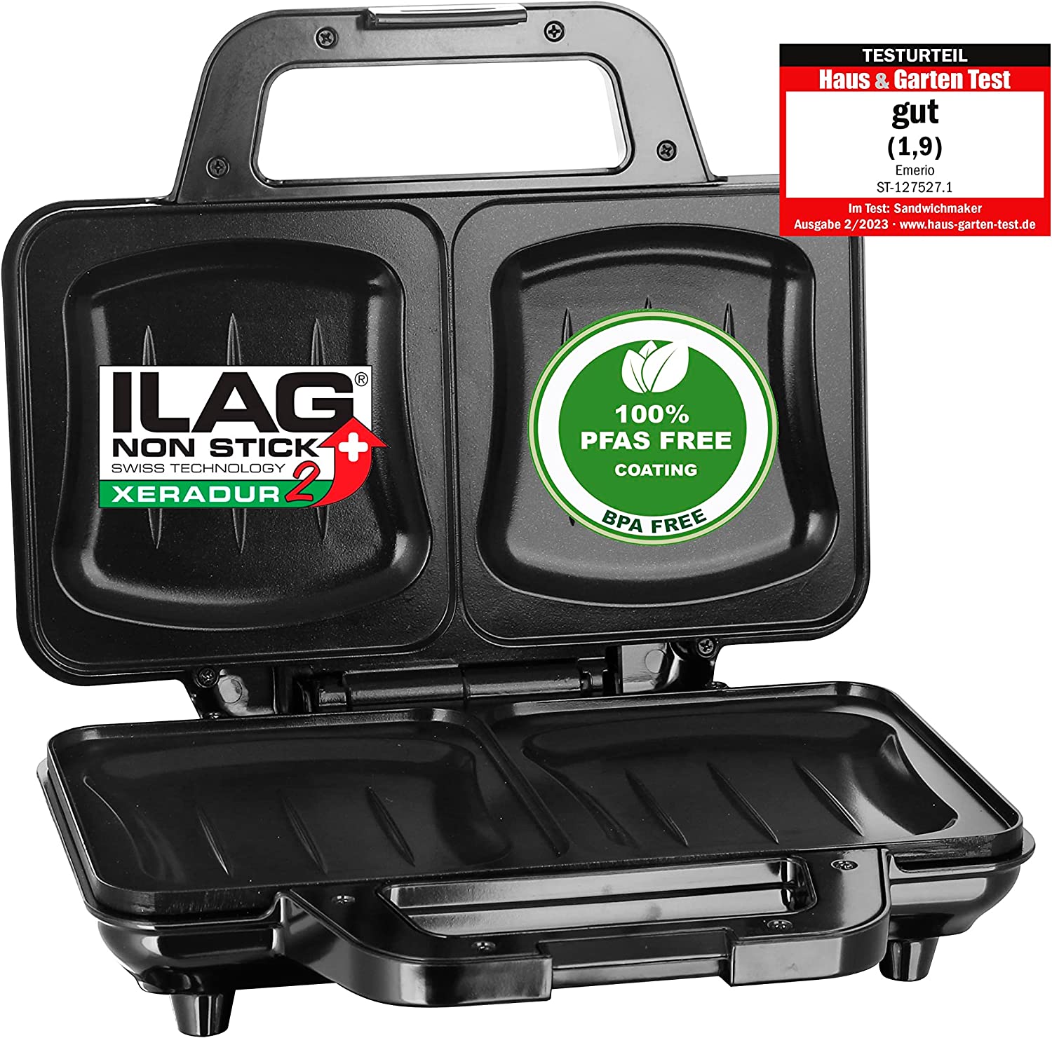 Emerio XXL Sandwich toaster with Ilag® Non-Stick Coating Made of Ceramic, which is bpa + pfas Free, Shell Shape Suitible for All Toast SIES, Super Easy to Clean, 900 Watts, ST-127527.1