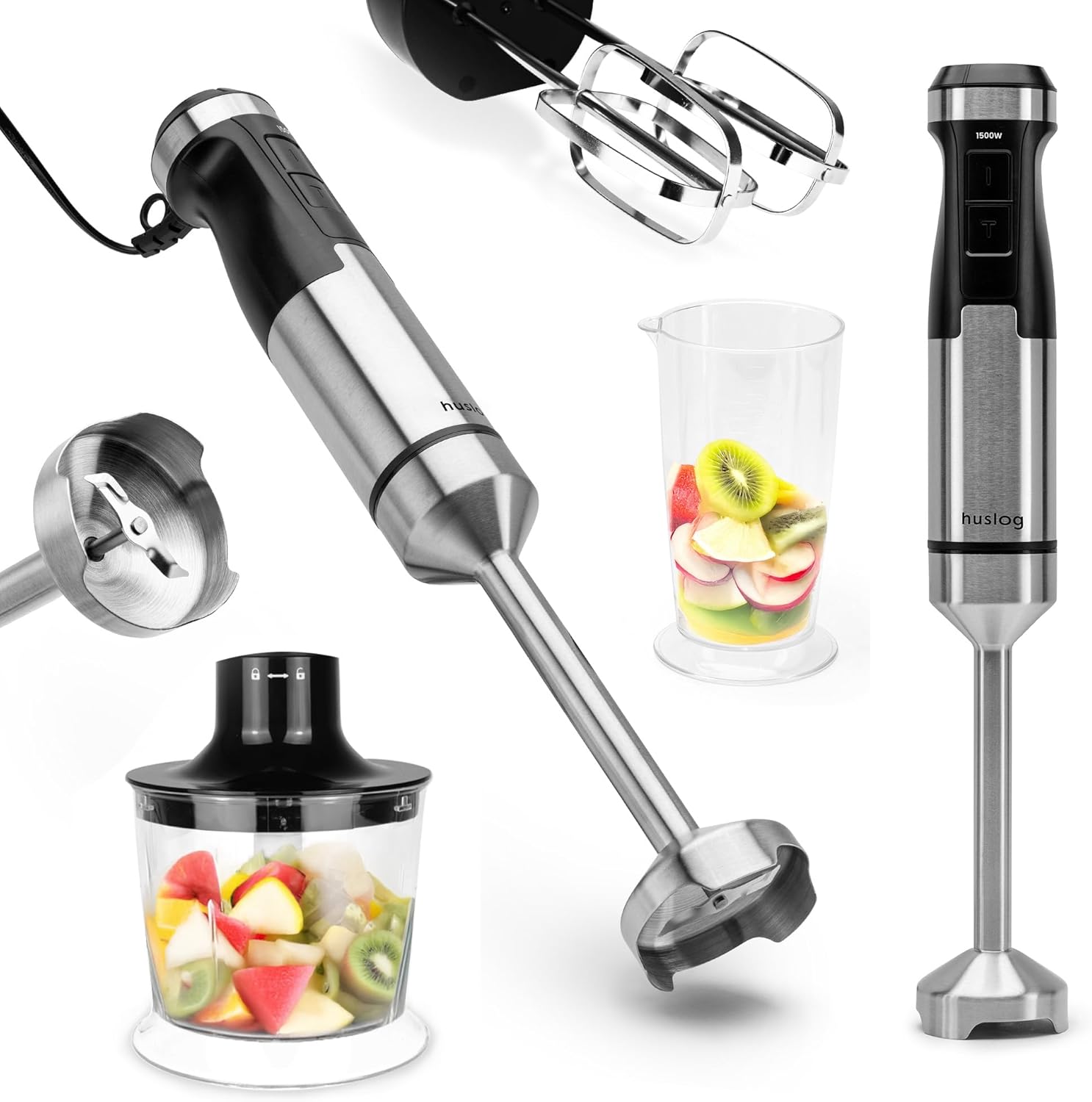 BlendPlus Hand Blender 3-in-1 - 1500 W High Performance Mixer with Stainless Steel Blades, Chopper, Whisk & 600 ml Measuring Cup - Continuous Speed & Turbo Function - Stainless Steel/Black