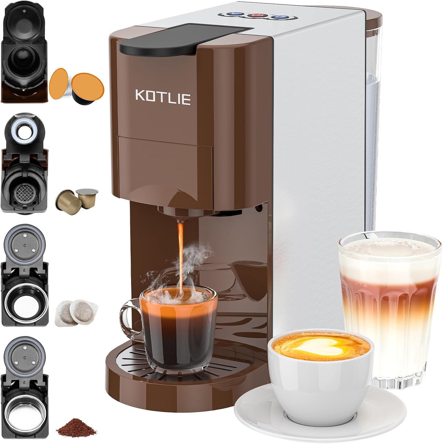 KOTLIE Coffee Machine, 4-in-1 Coffee Machine for NES/DG/Coffee Powder/ESE (44 mm), 19 Bar, 800 ml