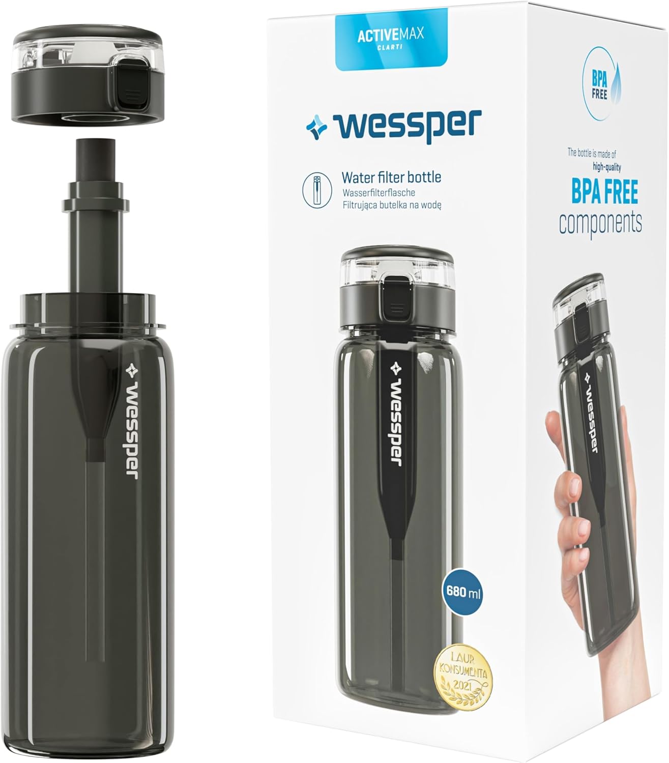 Wessper Drinking Bottle 680 ml with Water Filter, Leak-Proof Sports Bottle, BPA-Free with Activated Carbon Filter, Tritan Water Bottle for Sports, Gym, Fitness, Bicycle, School and Children
