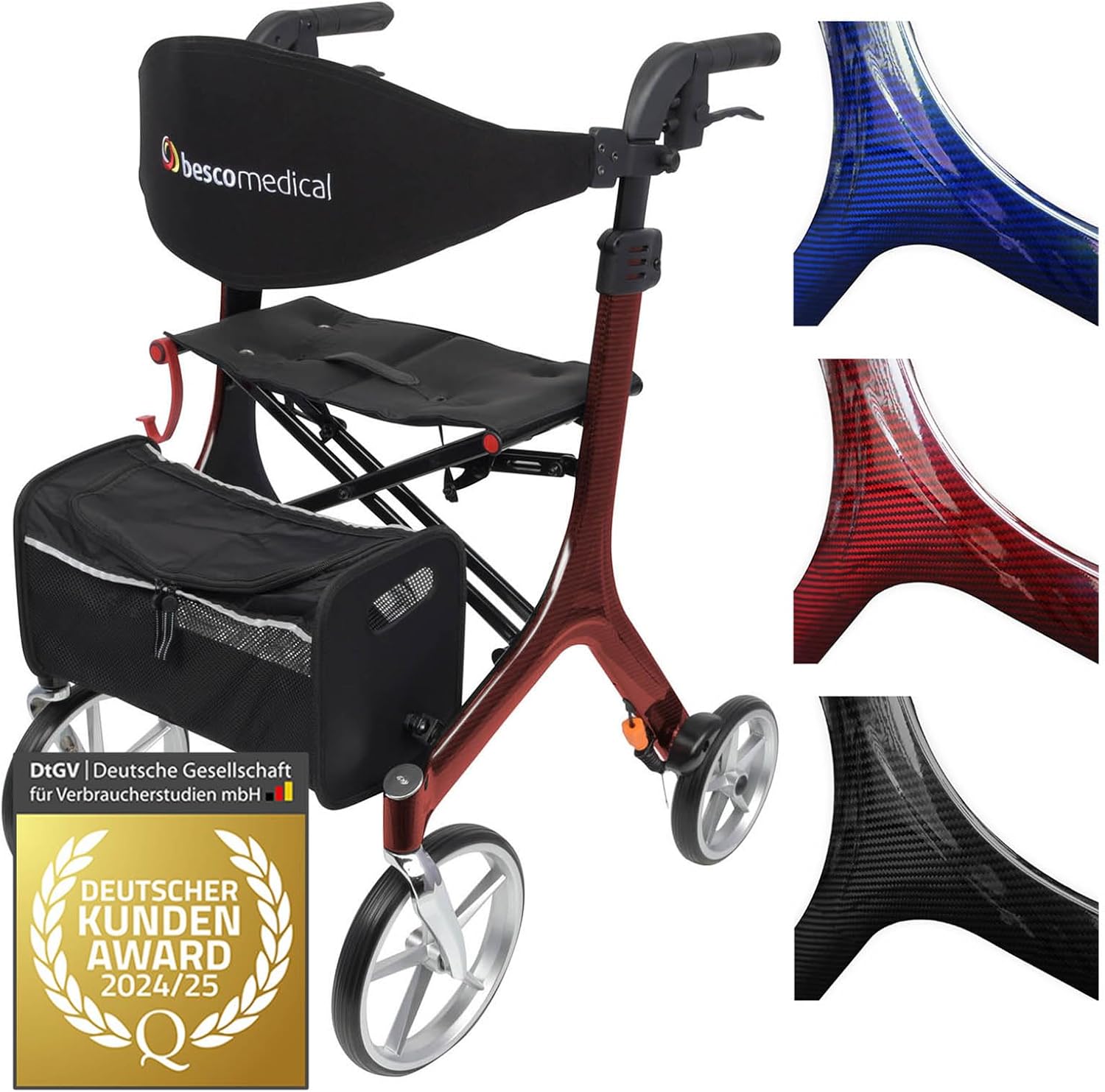 Besco Medical Carbon Rollator Ultralight 5.7 kg - Foldable, Height Adjustable, with Seat - Premium Walking Aid with Back Strap, Mesh Pocket, Stick Holder - Model S Bordeaux Red