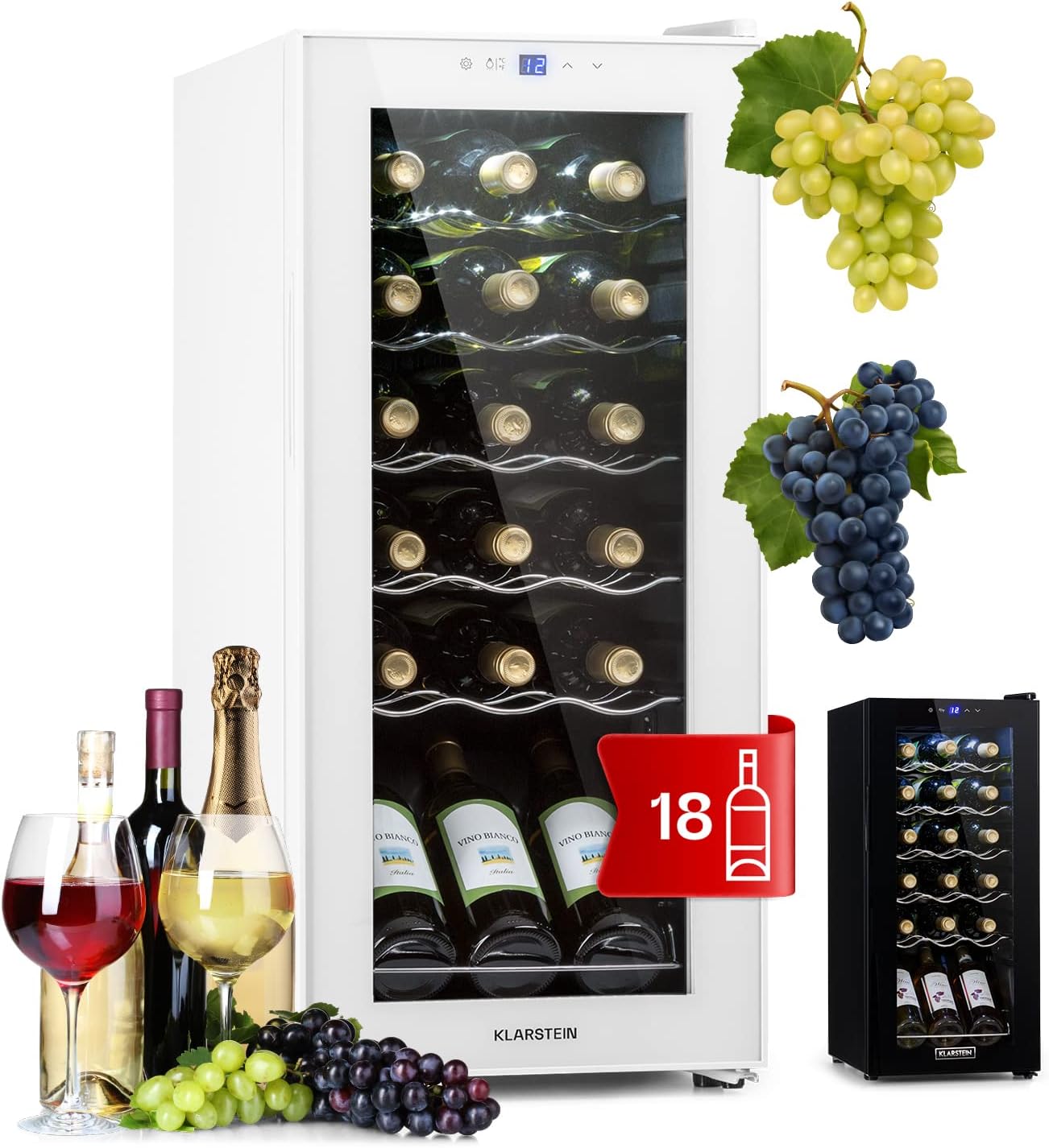 Klarstein Wine Fridge, 1 Zone Drinks Refrigerator, Small, Freestanding Small Wine Cabinet, 50 L Wine Fridge with Glass Door, Indoor/Outdoor Bottle Fridge, Wine Fridge 18 Bottles
