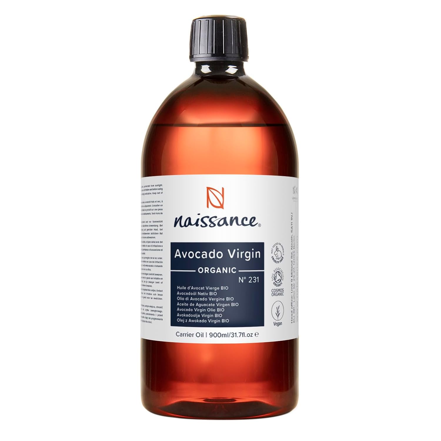 Naissance Avocado Oil Virgin Organic (No. 231) - 900 ml - Cold Pressed Avocado Oil for Hair, Skin, Cosmetics, Body, Face, Massage