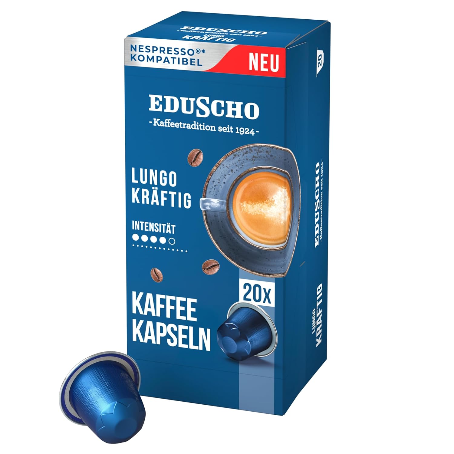 Tchibo Eduscho Lungo Strong Coffee Capsules, Pack of 20, Compatible with Nespresso, Medium Roast, Aromatic and Full-bodied Taste, Sustainable & Fair Trade