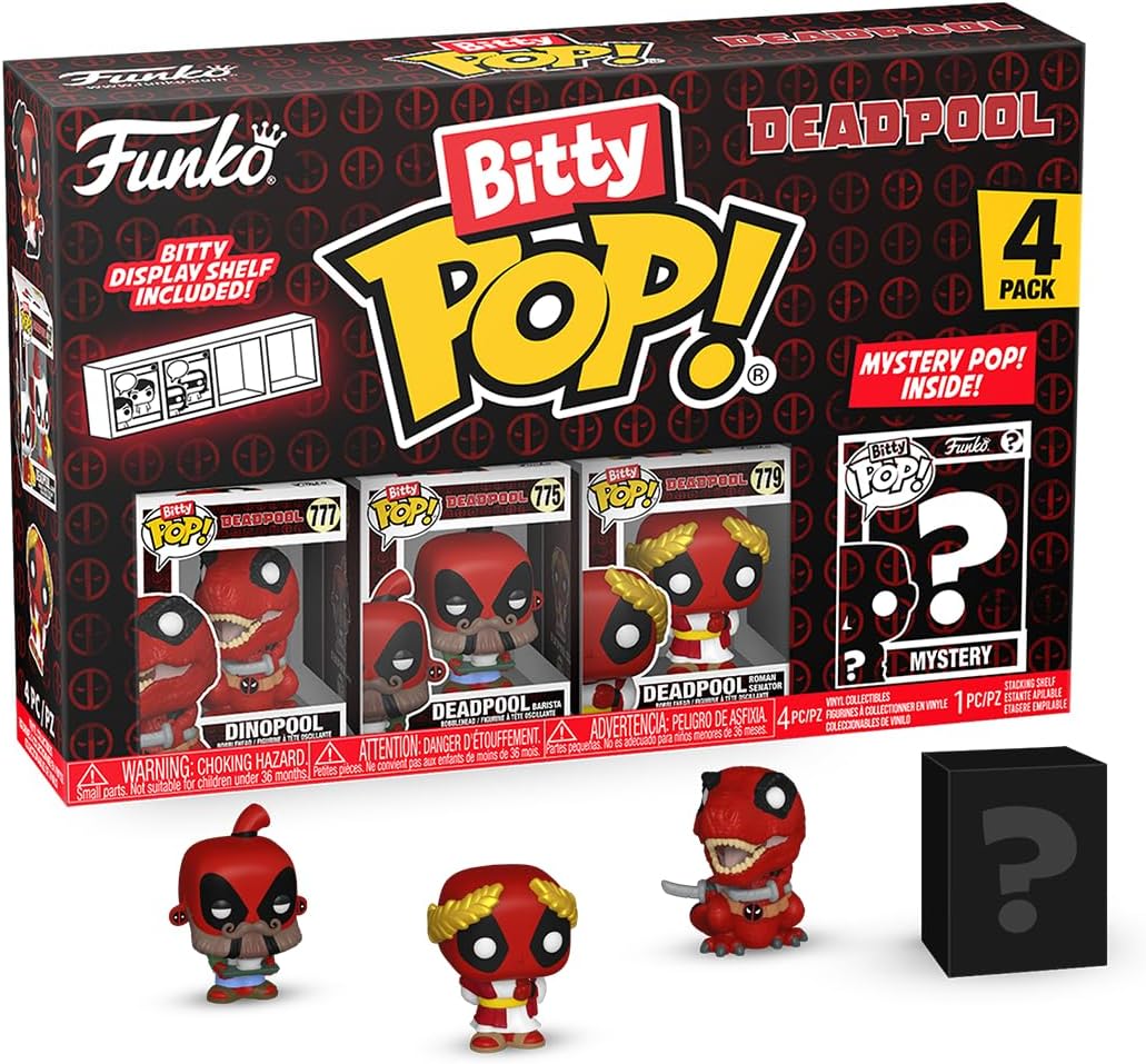 Funko Bitty Pop! Deadpool - Dinopool 4PK and a Surprise Mini Figure - 0.9 Inch (2.2 cm) - Dinopool Deadpool Collectible Stackable Display Shelf Included - Gift Idea - Movies Fans
