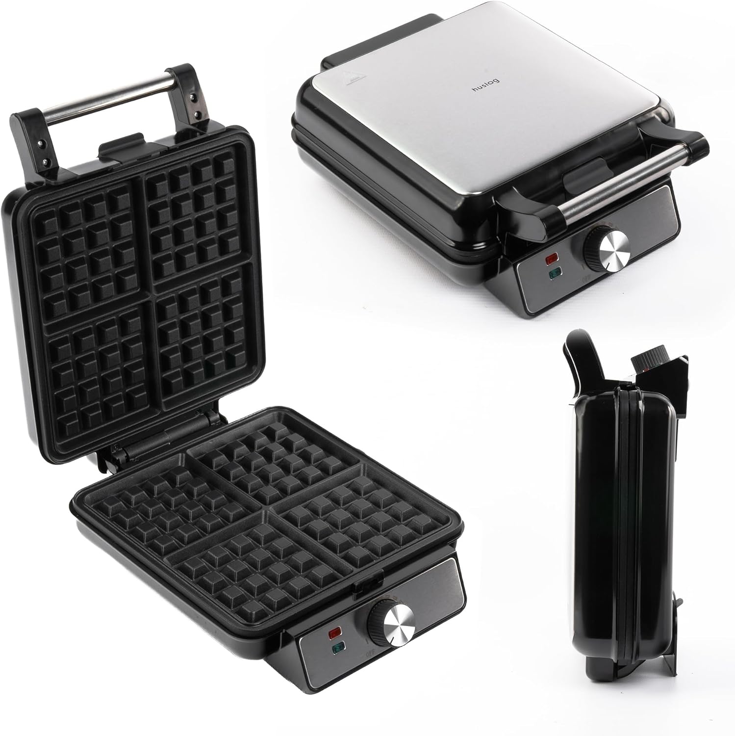 Huslog Waffle Iron 1500 W XXL for 4 Large Waffles Temperature Control Silver