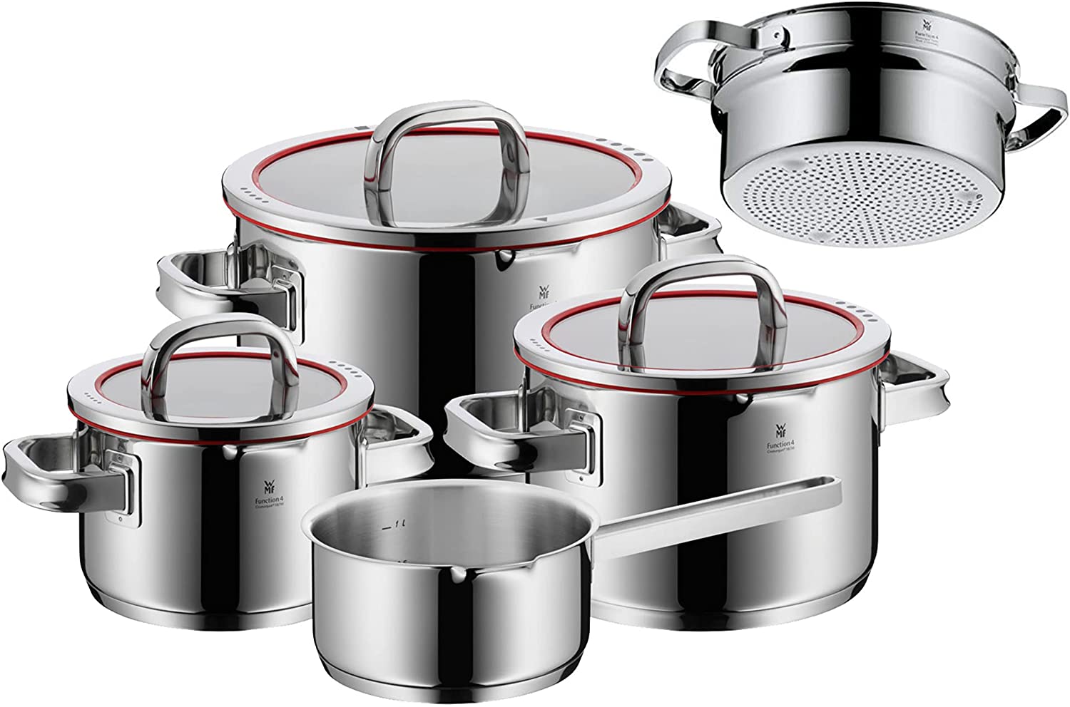 WMF Function 4 Induction Cooker 5 Pieces Polished Cromargan Stainless Steel Glass Lid with 4 Pouring Functions Induction Saucepan Interior Scale