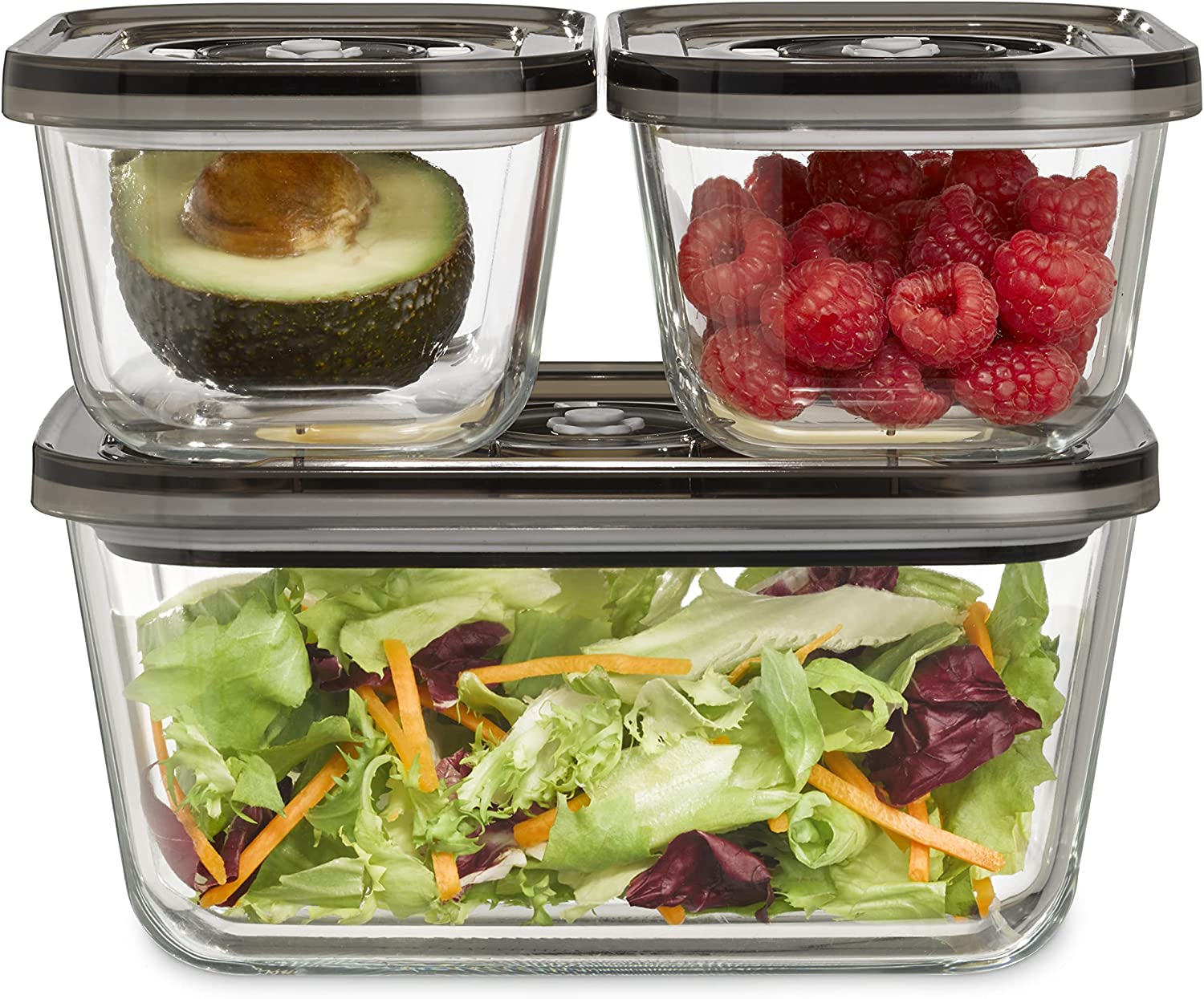 Caso VacuBoxx Eco Set, 3 Stackable Glass Vacuum Containers, Including Vacuum Pump & Adapter for All CASO Vacuum Sealers/Hand Pump, Integrated Date Setting, BPA Free