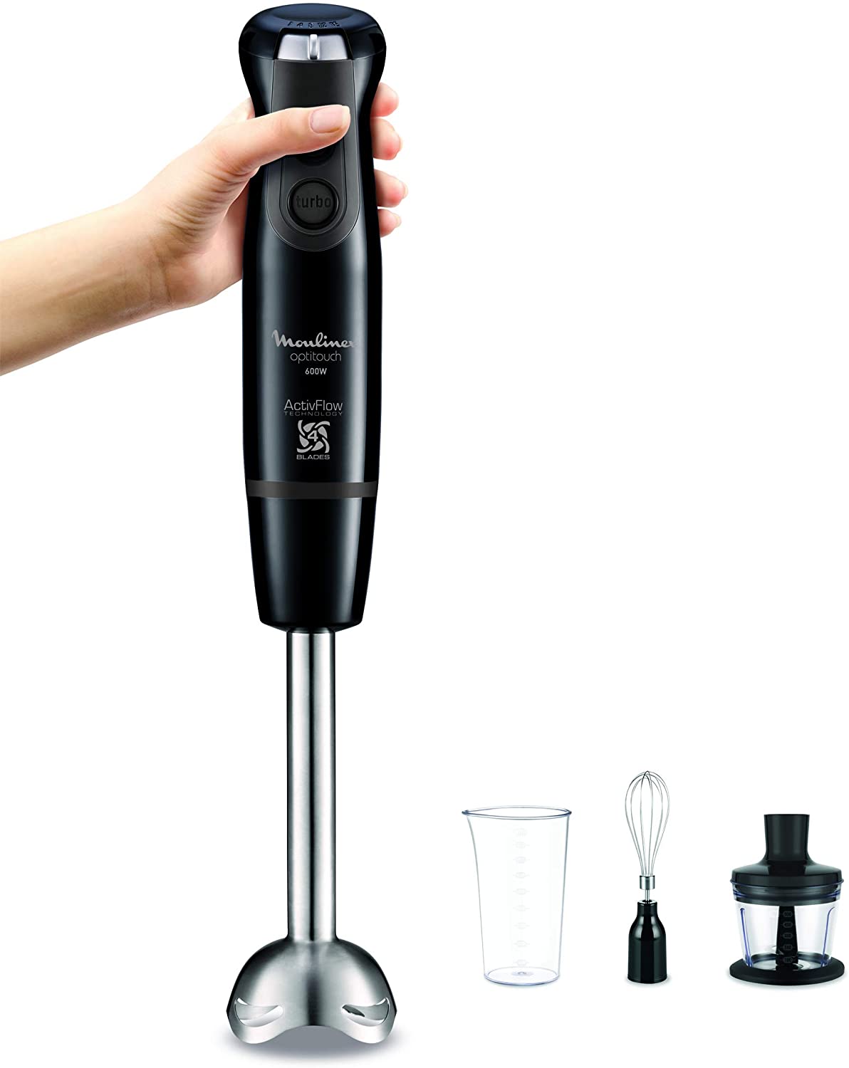 Moulinex dd833810 Hand Blender Optitouch Black Metal Base Mini Chopper, Whisk and Measuring Cup Including Black