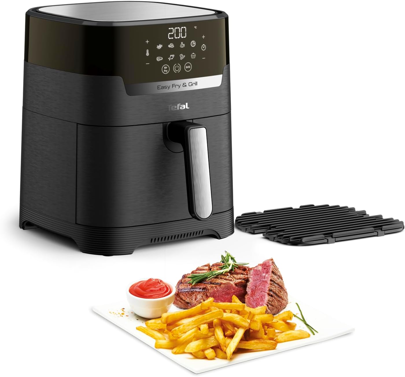 Tefal Easy Fry & Grill Hot Air Fryer, 2-in-1 Technology (Air Fryer and Grill), Digital Display, 4.2 Liters for 6 Servings, 8 Cooking Programs, Energy Saving, Oil Free, Black, XL, EY5058