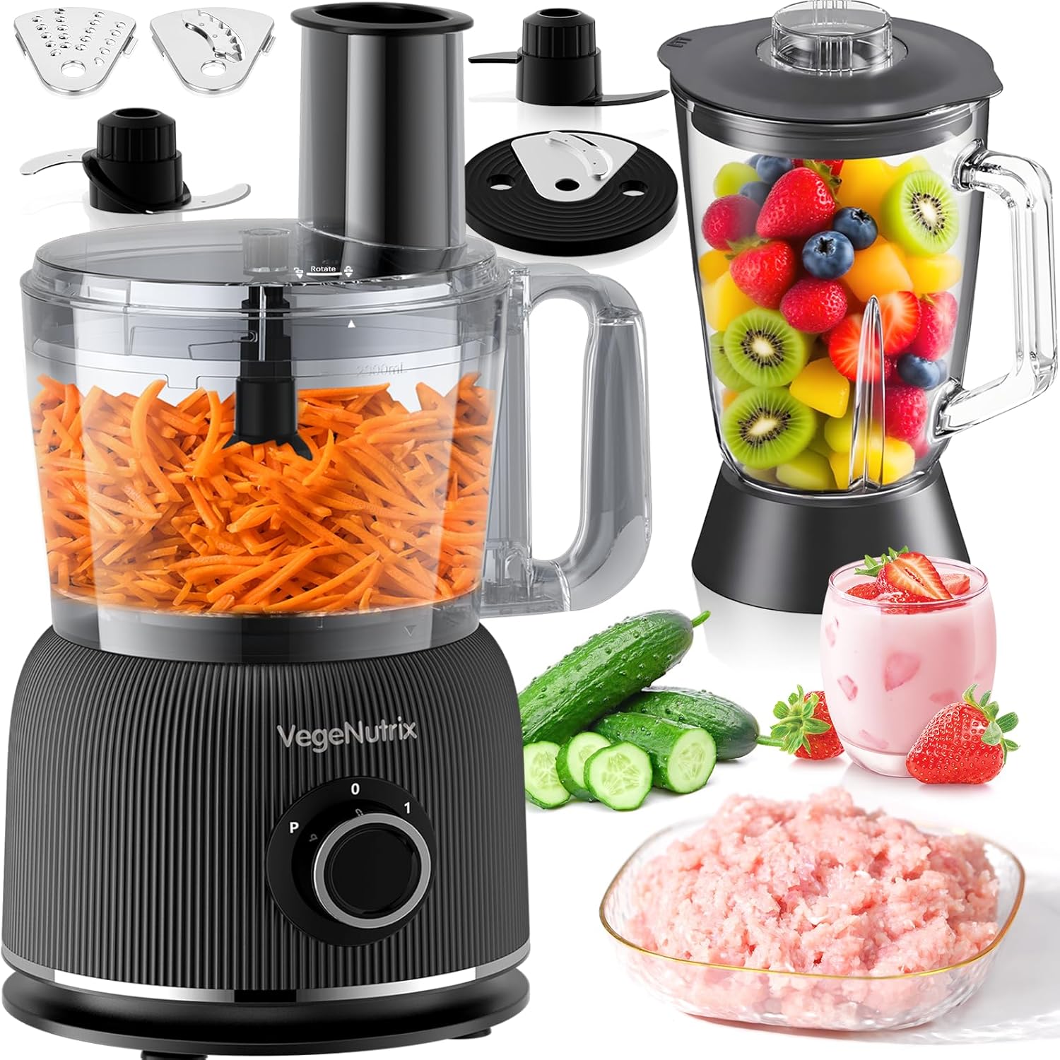 1500 W Food Processor and Mixer Combination, 2.5 L Chopper for Meat, Vegetables and Dough, 2 L Stand Mixer with Glass Container, 2 Speed Levels and Pulse Function for Smoothies, Juice, etc.