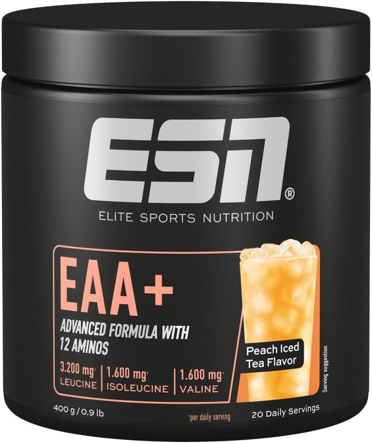 ESN EAA+, Peach Iced Tea, 400 g, All 9 EAAs & Vitamin B6, 3.2 g Leucine per serving, Ideal Solubility, Vegan - Made in Germany