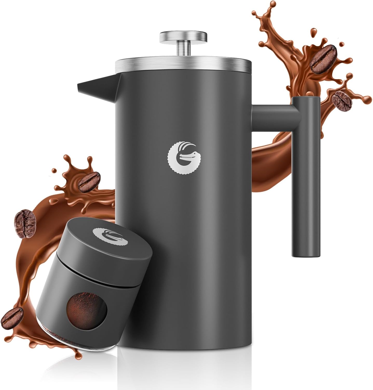 Coffee Gator French Press / Coffee Maker / Tea Maker 1 Liter Double Walled French Press to Keep Coffee Warm for Longer, Coffee Pot in Matt Gray With Mini Coffee Tin, gray