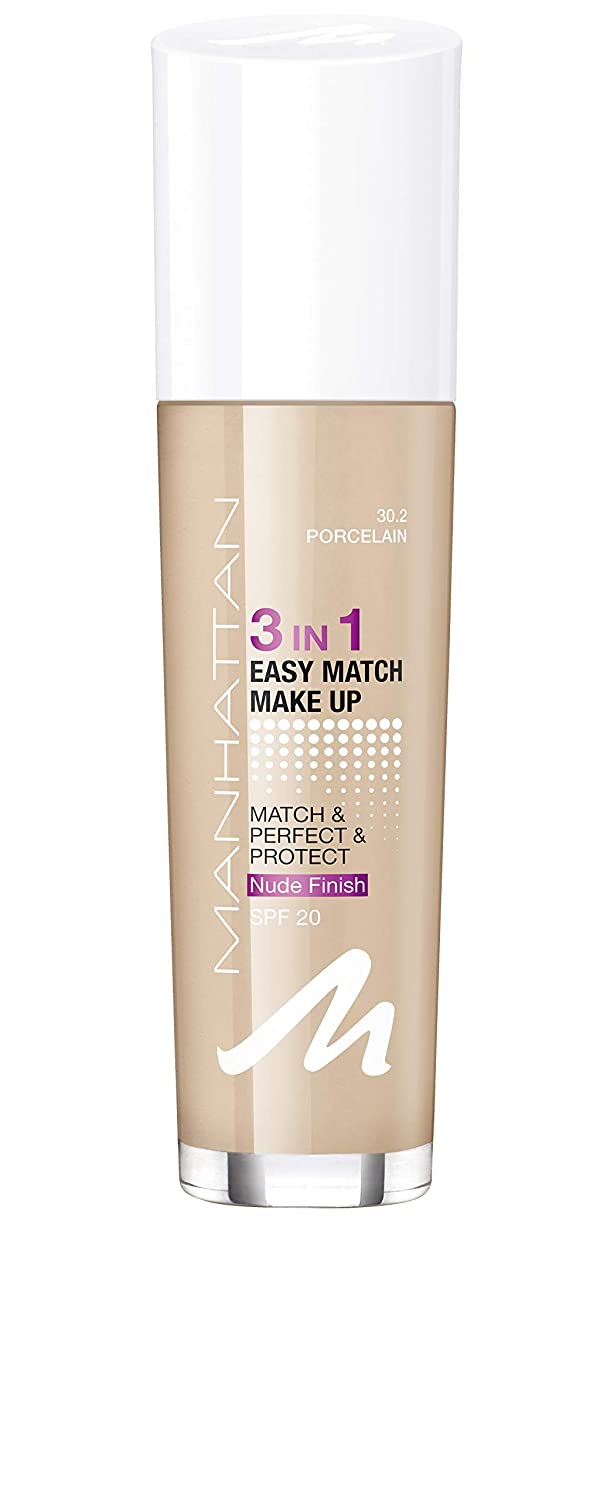 Manhattan 3-in-1 Easy Match Make Up, Oil-Free Foundation for a Flawless Complexion, Colour 30.2 Porcelain, 30 ml, ‎30.2 porcelain