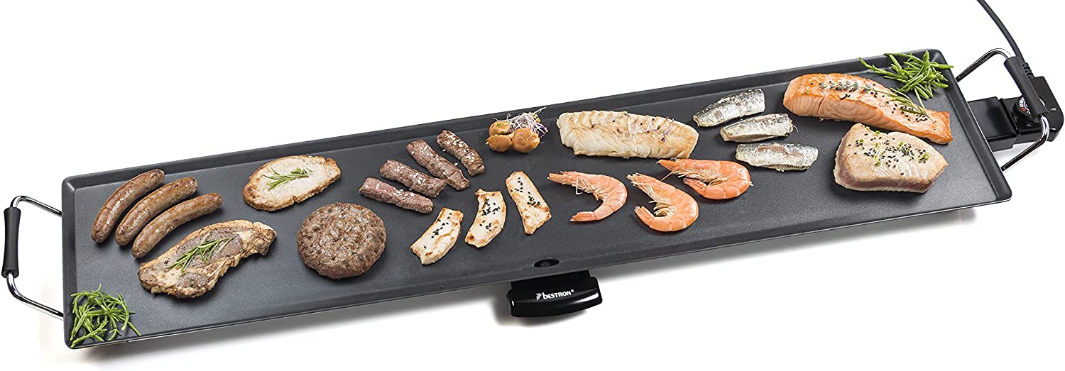 Bestron Punish Electric XXXL Plancha/Teppanyaki Grill Plate with Non-Stick Coating, Barbecue Fun for Up to 10 People, Extra Long Grill Surface, 2,000 Watt, Color: Black