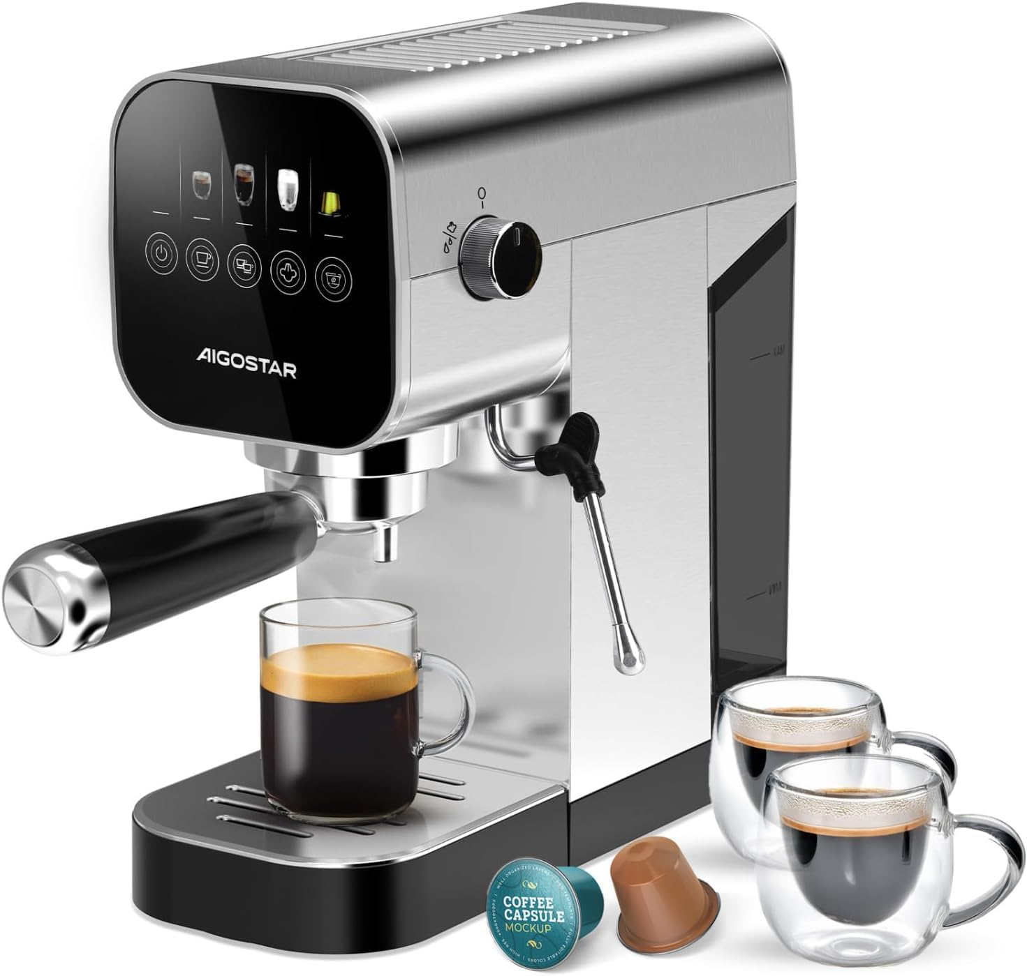 Aigostar Barista Espresso Portafilter Machine, Compatible with Capsules and Ground Coffee, 20 Bar, Digital Touch Panel, 1/2 Cups, Espresso Machine with Milk Frother, 0.9 L, 1350 W, Stainless Steel