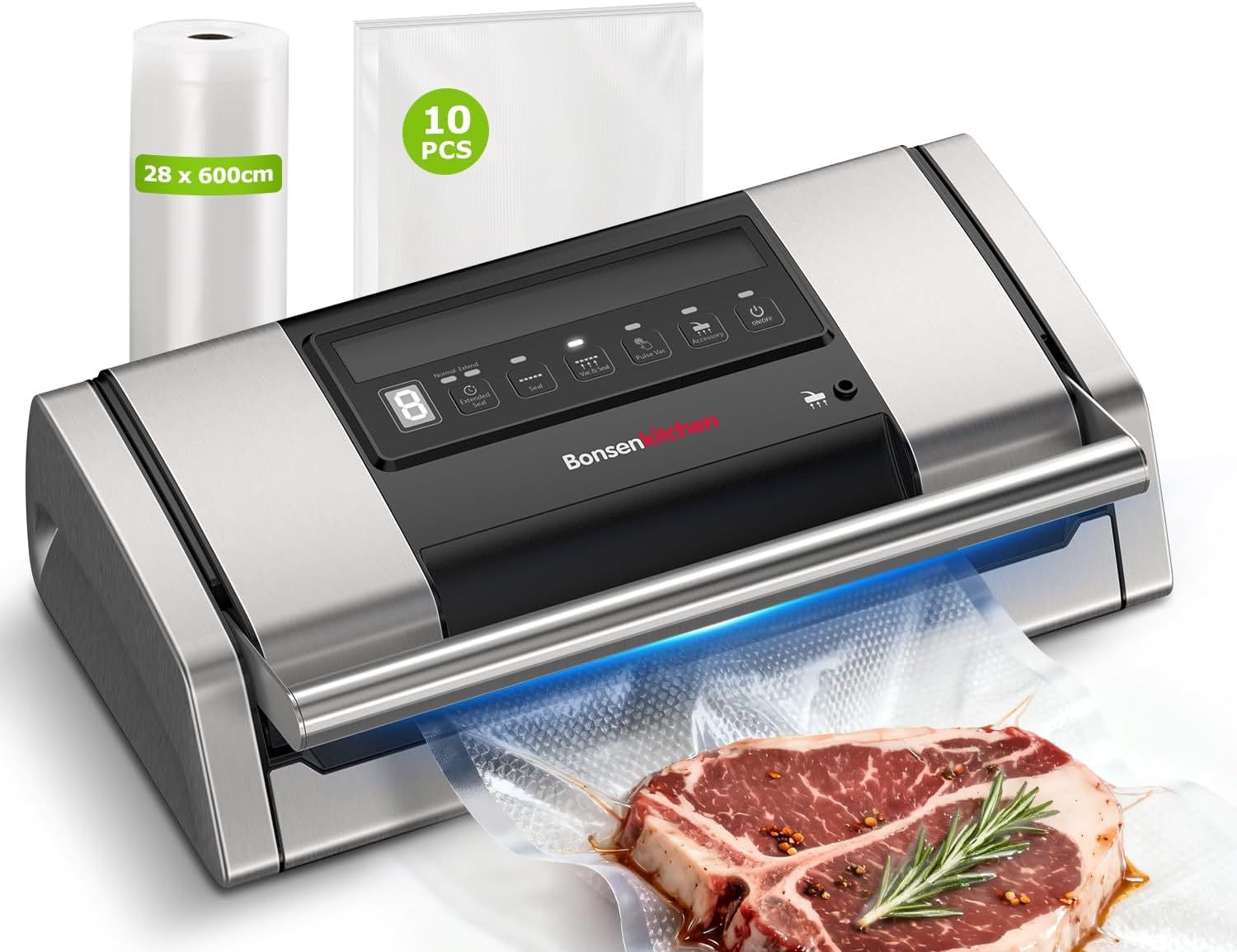 Bonsenkitchen VS5100 Vacuum Sealer 15 L/min, Vacuum Sealer with Bag Clip, Handle Lock and Integrated Cutter, for Sous Vide Cooking and Food Preparation, High-Performance Quick Seal